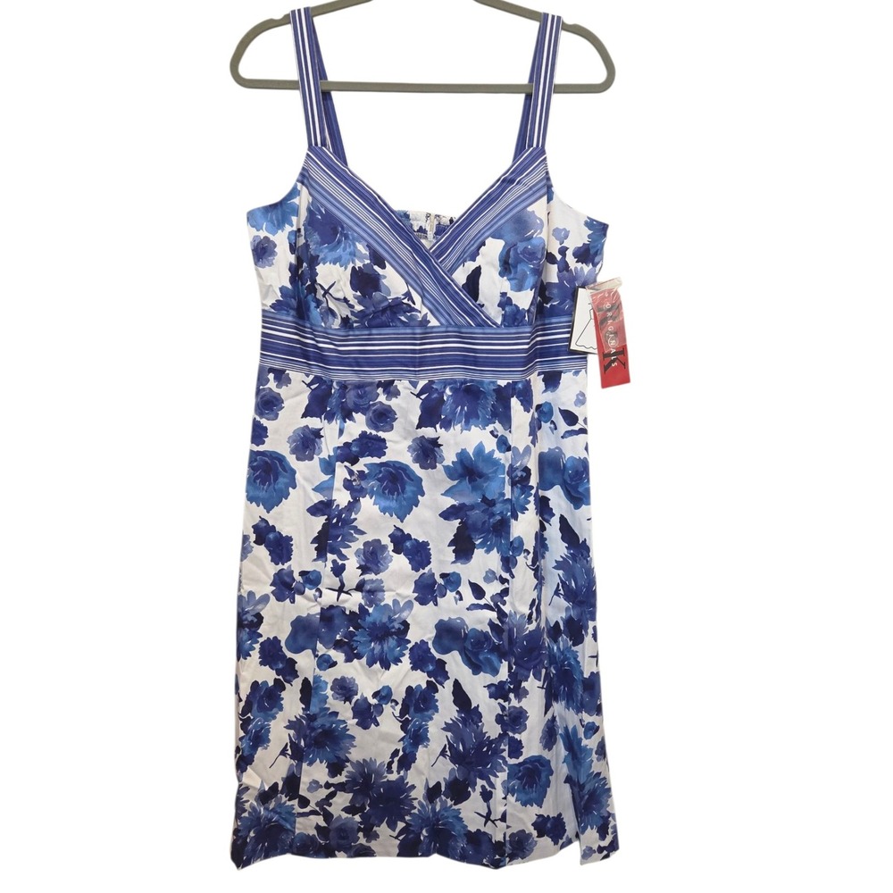 NWT Floral Print Midi Dress Blue White Sleeveless Size 16 Cotton Blend Cute